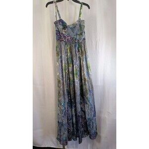 Suzi Chin Empire Waist Maxi Dress Chiffon Floral Print Gray Blue Size 2 (H09)